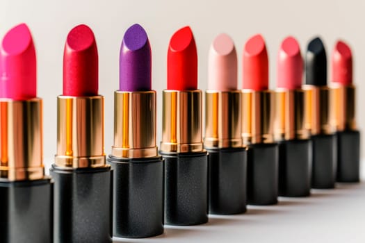 Set of lipsticks in colorful tones in a row, close up view. AI generated