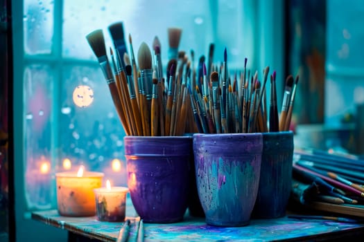 Old  mugs full of many paintbrushes of all size. Artist table at dark workshop. AI generated