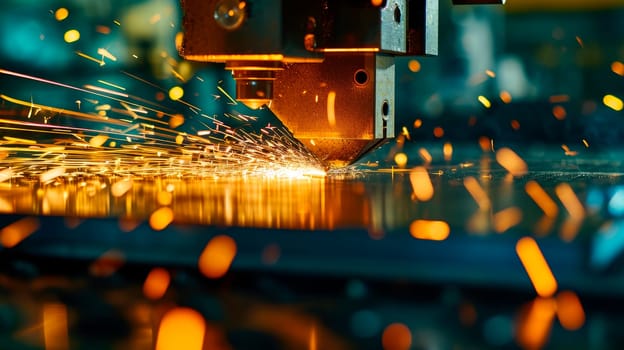 Sparks fly out machine head for metal processing laser metal in metallurgical plant. Industrial machine for cutting metal, sparks fly. AI generated
