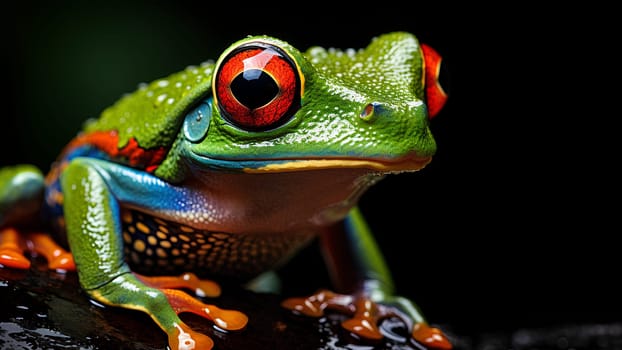 ฺBrightly colored frog with bright red eyes. Perched on a stationary branch, it stands out against dark background. Frogs are brightly colored to warn predators that I am poisonous, so don't eat me.