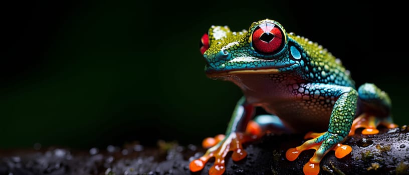 ฺBrightly colored frog with bright red eyes. Perched on a stationary branch, it stands out against dark background. Frogs are brightly colored to warn predators that I am poisonous, so don't eat me.