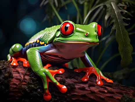 ฺBrightly colored frog with bright red eyes. Perched on a stationary branch, it stands out against dark background. Frogs are brightly colored to warn predators that I am poisonous, so don't eat me.
