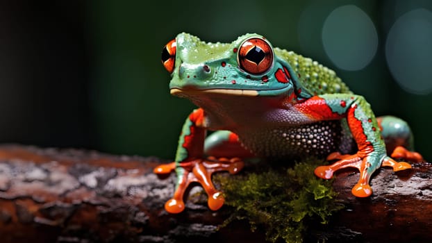 ฺBrightly colored frog with bright red eyes. Perched on a stationary branch, it stands out against dark background. Frogs are brightly colored to warn predators that I am poisonous, so don't eat me.