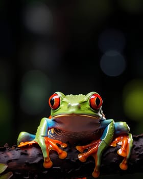 ฺBrightly colored frog with bright red eyes. Perched on a stationary branch, it stands out against dark background. Frogs are brightly colored to warn predators that I am poisonous, so don't eat me.