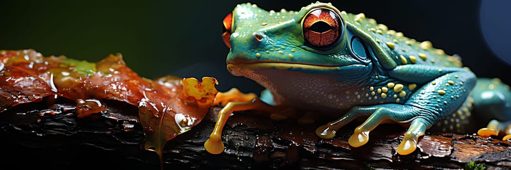 ฺBrightly colored frog with bright red eyes. Perched on a stationary branch, it stands out against dark background. Frogs are brightly colored to warn predators that I am poisonous, so don't eat me.