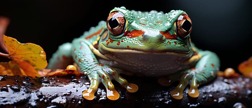 ฺBrightly colored frog with bright red eyes. Perched on a stationary branch, it stands out against dark background. Frogs are brightly colored to warn predators that I am poisonous, so don't eat me.