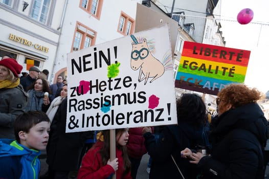 Protest against right wing AFD in Trier, Germany, 28.01.2024, demonstration for human rights, no discrimination and racism, diversity, humanitarian, multiethnic crowd