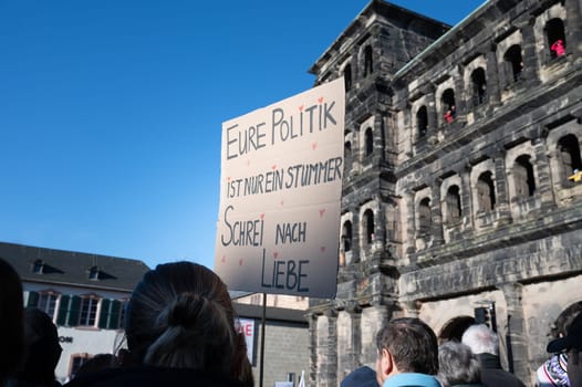 Protest against right wing AFD in Trier, Germany, 28.01.2024, demonstration for human rights, no discrimination and racism, diversity, humanitarian, multiethnic crowd