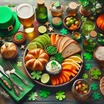 A festive St. Patrick s Day feast with beer, a green hat, and a colorful spread of food on a wooden table