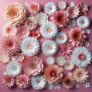 A vibrant collection of paper flowers in various shades of pink and white, beautifully arranged on a pink background. It is perfect for wedding, event, or celebration decor