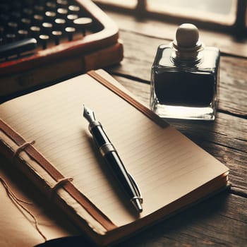 This image features vintage writing tools on a wooden surface. A fountain pen, ink bottle, and notebook are prominent