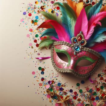 A vibrant masquerade mask adorned with colorful feathers and jewels, surrounded by scattered confetti on a light background. Mardi Gras holiday
