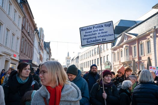 Protest against right wing AFD in Trier, Germany, 28.01.2024, demonstration for human rights, no discrimination and racism, diversity, humanitarian, multiethnic crowd