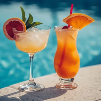 Two refreshing cocktails by the pool, garnished with citrus slices. Vacation