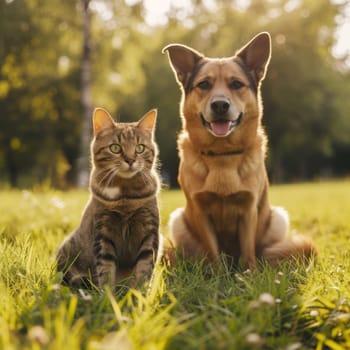 A cat and a dog sit together on a grassy field and bask in the rays of the sun