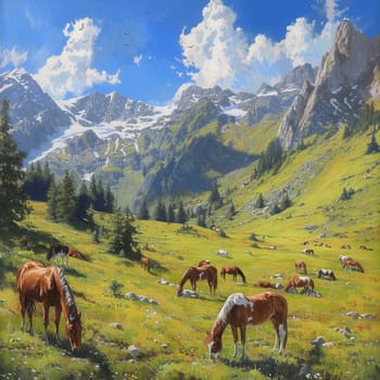 Horses graze peacefully in a lush green valley, surrounded by majestic snow-capped mountains under a blue sky