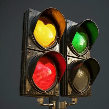 Close-up of an old traffic light with all three colors illuminated against a dark background. Traffic light in the shape of a heart