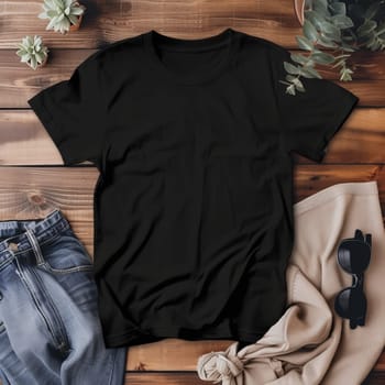 Flat lay of black t-shirt, jeans, sunglasses and beige fabric on wooden surface with succulent plants. Mockup, place for inscription