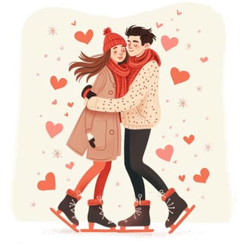 A romantic winter illustration of a couple ice skating and hugging, with hearts and snowflakes