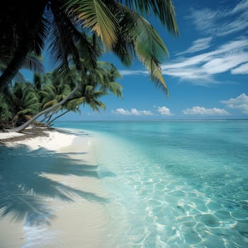 Tropical beach with clear turquoise water, white sand, and palm trees under a blue sky