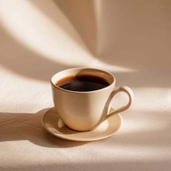 A warm cup of coffee bathed in soft sunlight, casting gentle shadows and highlights on a smooth surface