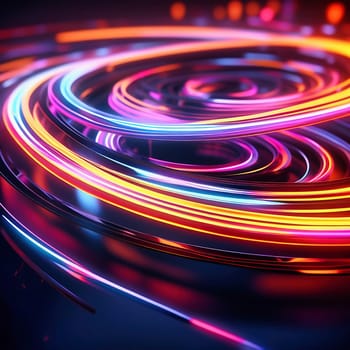 3d render. Abstract panoramic background of twisted dynamic neon lines glowing in the dark room with floor reflection. Virtual fluorescent ribbon loop.