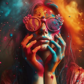 A girl covered in colorful powders, wearing decorative sunglasses, amidst a dynamic explosion of colors. Celebrating Holi festival with abstract artistry