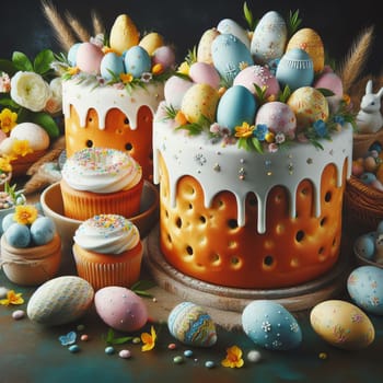 Two beautifully decorated Easter-themed cakes surrounded by cupcakes and colorful Easter eggs on a wooden surface against a dark background