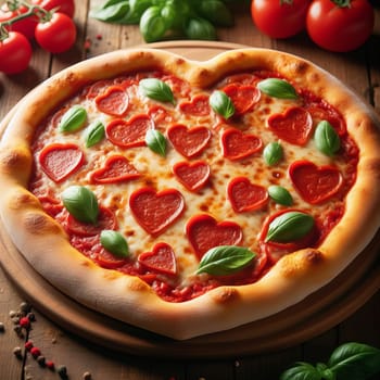 A heart-shaped pepperoni pizza with fresh basil on a rustic wooden plate. Perfect for Valentine s Day
