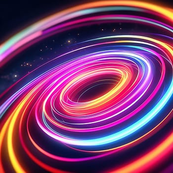 3d render. Abstract panoramic background of twisted dynamic neon lines glowing in the dark room with floor reflection. Virtual fluorescent ribbon loop.