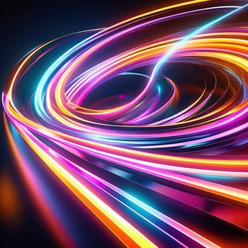 3d render. Abstract panoramic background of twisted dynamic neon lines glowing in the dark room with floor reflection. Virtual fluorescent ribbon loop.