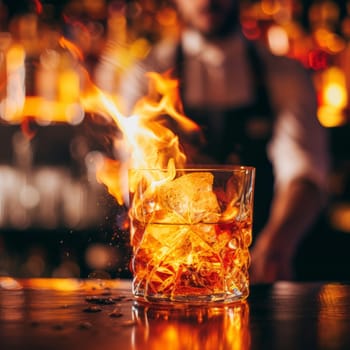 A fiery cocktail in a glass on a bar, with a bartender in the background. The flames create a warm and festive atmosphere