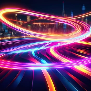 3d render. Abstract panoramic background of twisted dynamic neon lines glowing in the dark room with floor reflection. Virtual fluorescent ribbon loop.