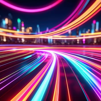 3d render. Abstract panoramic background of twisted dynamic neon lines glowing in the dark room with floor reflection. Virtual fluorescent ribbon loop.