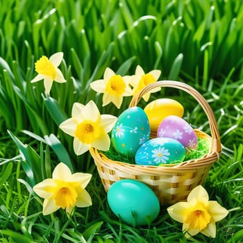 Easter basket with Easter eggs on a green meadow. Daffodils are blooming yellow. Easter generated with AI. Illustration
