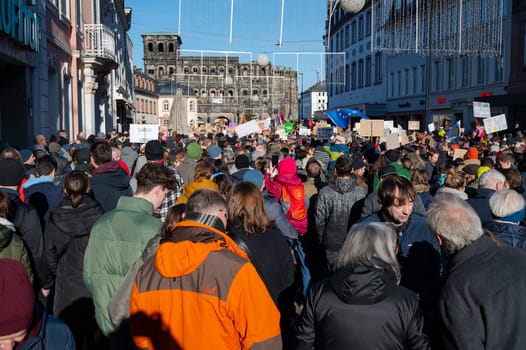 Protest against right wing AFD in Trier, Germany, 28.01.2024, demonstration for human rights, no discrimination and racism, diversity, humanitarian, multiethnic crowd