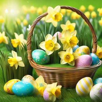 Easter basket with Easter eggs on a green meadow. Daffodils are blooming yellow. Easter generated with AI. Illustration