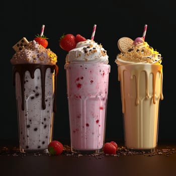 Three delicious milkshakes with toppings, on a dark background, surrounded by fresh strawberries