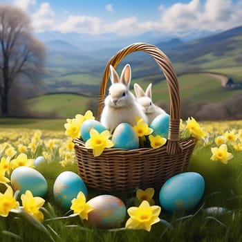 Easter bunny in an Easter basket with Easter eggs on a green meadow. Daffodils are blooming yellow. Easter generated with AI. Illustration