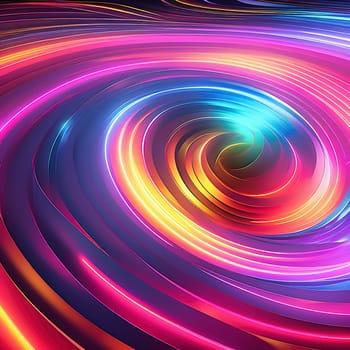 3d render. Abstract panoramic background of twisted dynamic neon lines glowing in the dark room with floor reflection. Virtual fluorescent ribbon loop.