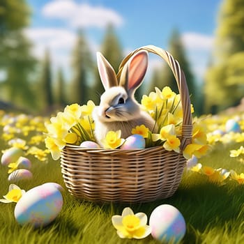 Easter bunny in an Easter basket with Easter eggs on a green meadow. Daffodils are blooming yellow. Easter generated with AI. Illustration
