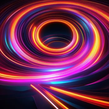3d render. Abstract panoramic background of twisted dynamic neon lines glowing in the dark room with floor reflection. Virtual fluorescent ribbon loop.