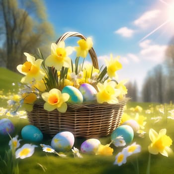 Easter basket with Easter eggs on a green meadow. Daffodils are blooming yellow. Easter generated with AI. Illustration