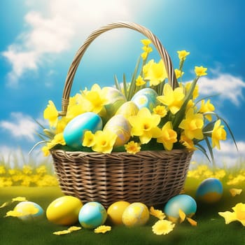 Easter basket with Easter eggs on a green meadow. Daffodils are blooming yellow. Easter generated with AI. Illustration
