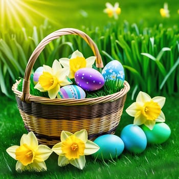 Easter basket with Easter eggs on a green meadow. Daffodils are blooming yellow. Easter generated with AI. Illustration