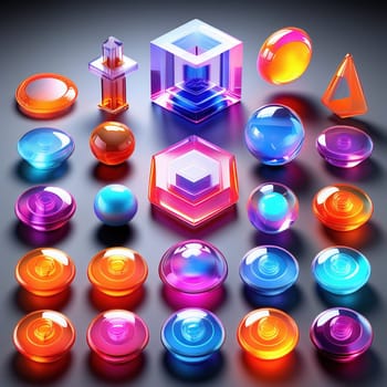 3d render. Neon glowing glass shapes on a virtual dark background. Futuristic graphic rendering. Luminous elements