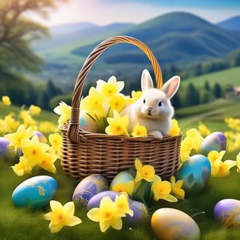 Easter bunny in an Easter basket with Easter eggs on a green meadow. Daffodils are blooming yellow. Easter generated with AI. Illustration