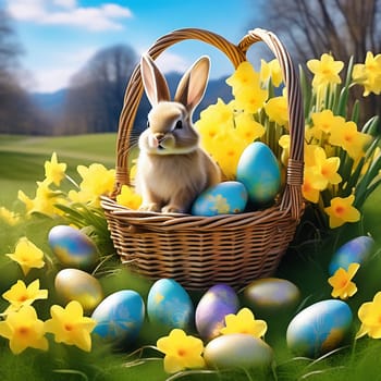 Easter bunny in an Easter basket with Easter eggs on a green meadow. Daffodils are blooming yellow. Easter generated with AI. Illustration