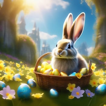 Easter bunny in an Easter basket with Easter eggs on a green meadow. Daffodils are blooming yellow. Easter generated with AI. Illustration