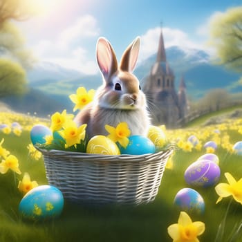 Easter bunny in an Easter basket with Easter eggs on a green meadow. Daffodils are blooming yellow. Easter generated with AI. Illustration